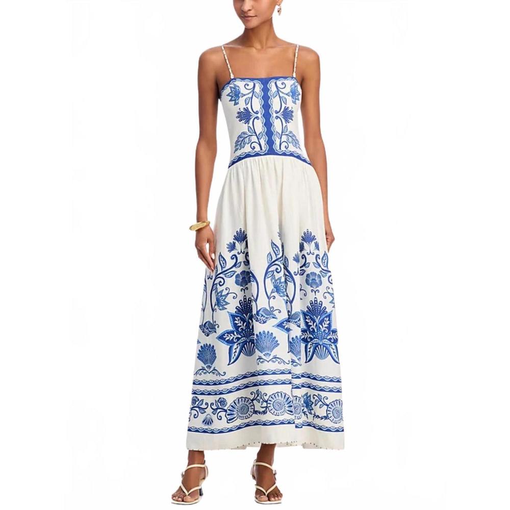 FARM RIO shell garden sleeveless midi dress in shell garden off-white